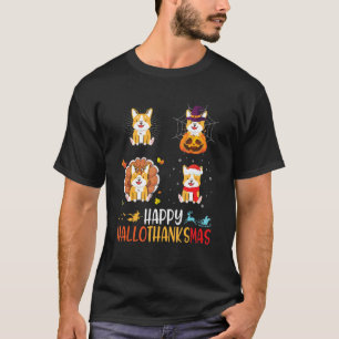 Corgi Dog Happy Hallothanksmas Halloween Thanksgiv T-Shirt
