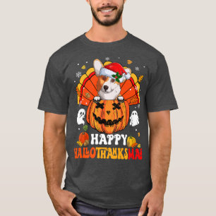 Corgi Dog Happy Hallothanksmas Halloween Thanksgiv T-Shirt