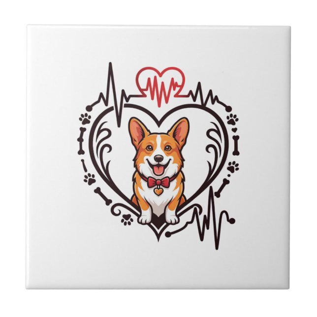Corgi Dog Heart Heartbeat Ekg Bow Tie Paws Tile (Front)