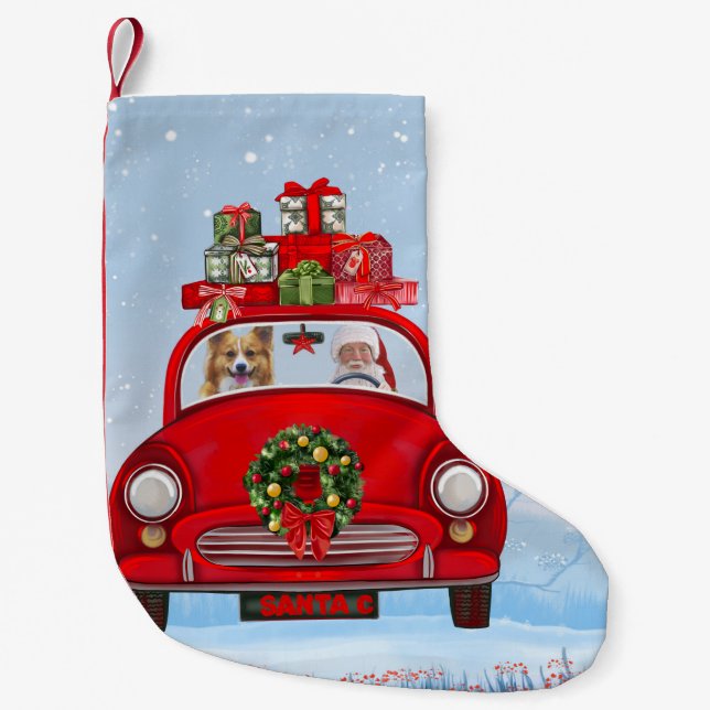 Corgi Dog In Car With Santa Claus  Small Christmas Stocking (Front)