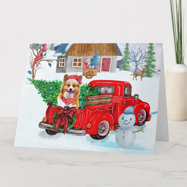 Corgi Dog In Christmas Delivery Truck Snow Card (Front)
