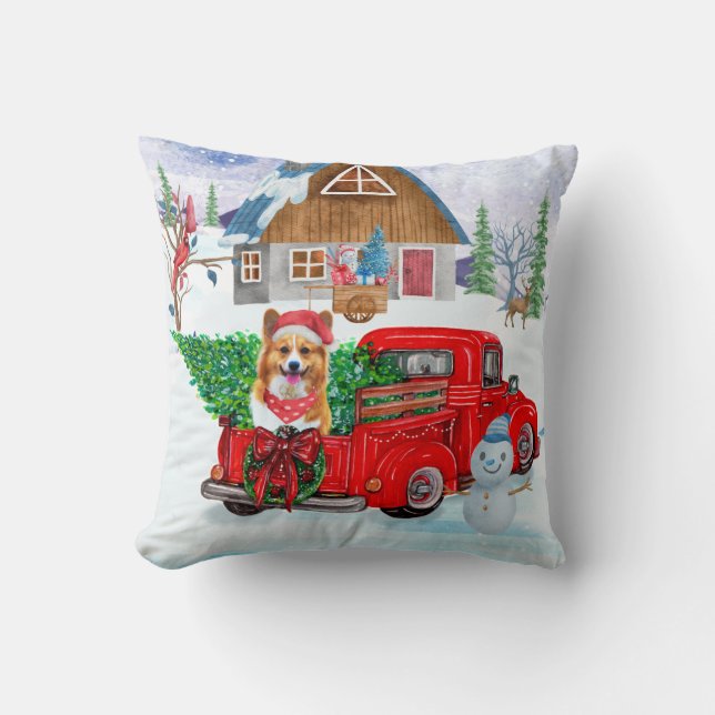 Corgi Dog In Christmas Delivery Truck Snow  Cushion (Front)