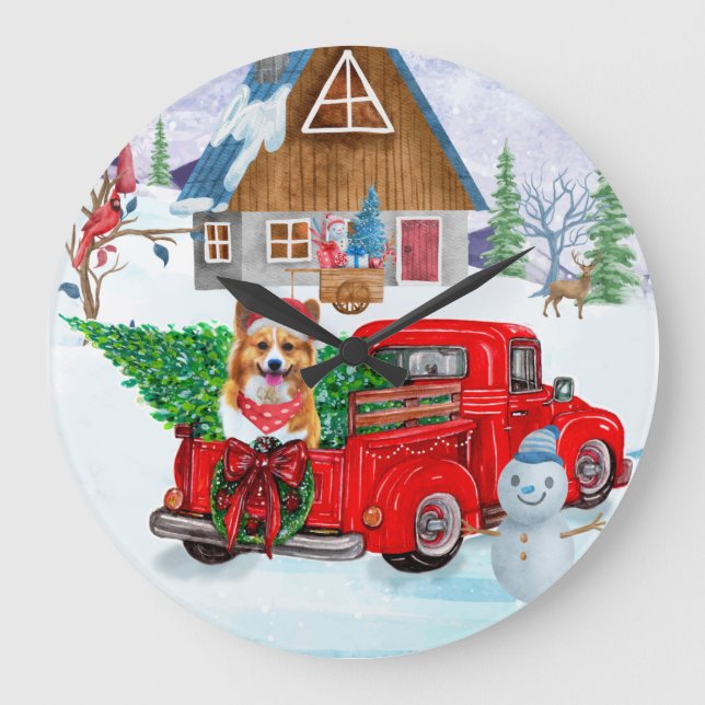 Corgi Dog In Christmas Delivery Truck Snow Large Clock (Front)