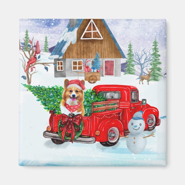 Corgi Dog In Christmas Delivery Truck Snow Magnet (Front)