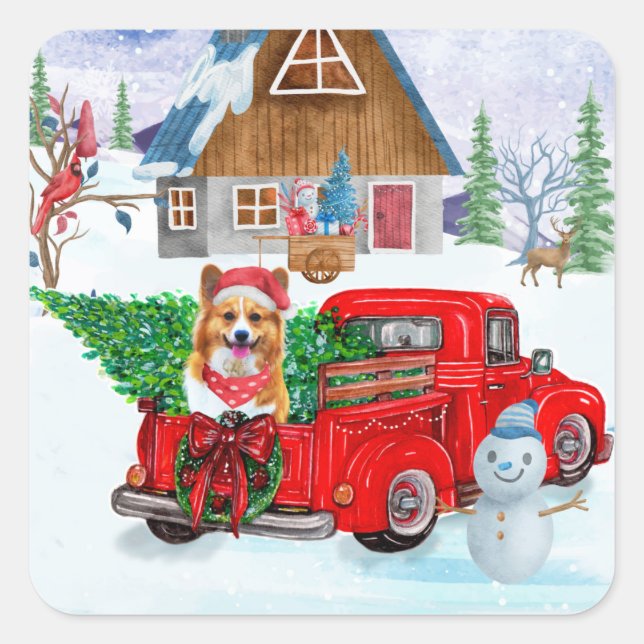 Corgi Dog In Christmas Delivery Truck Snow Square Sticker (Front)