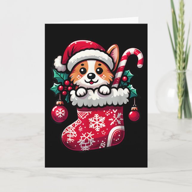 Corgi Dog In Christmas Stocking With Santa Hat Xma Card (Front)