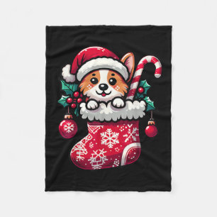 Corgi Dog In Christmas Stocking With Santa Hat Xma Fleece Blanket