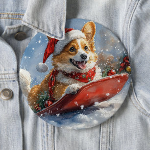 Corgi Dog in Sledge Let it Snow Christmas 6 Cm Round Badge