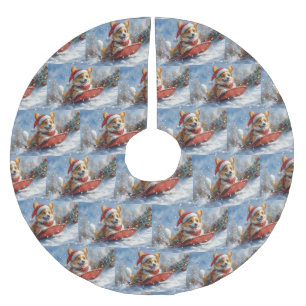 Corgi Dog in Sledge Let it Snow Christmas Brushed Polyester Tree Skirt