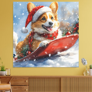 Corgi Dog in Sledge Let it Snow Christmas Canvas Print
