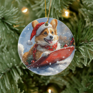 Corgi Dog in Sledge Let it Snow Christmas Ceramic Tree Decoration