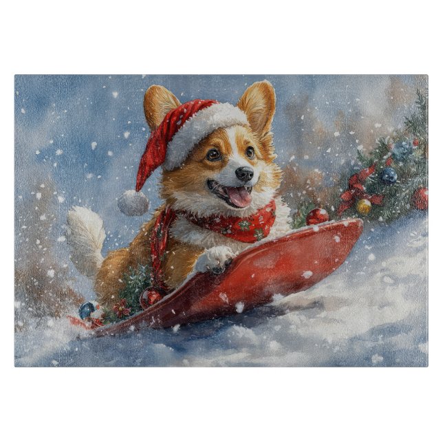 Corgi Dog in Sledge Let it Snow Christmas Cutting Board (Front)