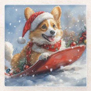 Corgi Dog in Sledge Let it Snow Christmas Glass Coaster