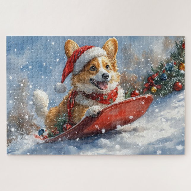 Corgi Dog in Sledge Let it Snow Christmas Jigsaw Puzzle (Horizontal)