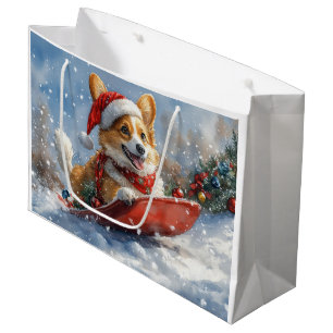 Corgi Dog in Sledge Let it Snow Christmas Large Gift Bag
