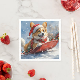 Corgi Dog in Sledge Let it Snow Christmas Napkin