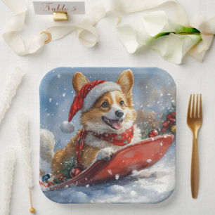 Corgi Dog in Sledge Let it Snow Christmas Paper Plate