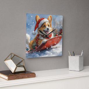 Corgi Dog in Sledge Let it Snow Christmas Square Wall Clock