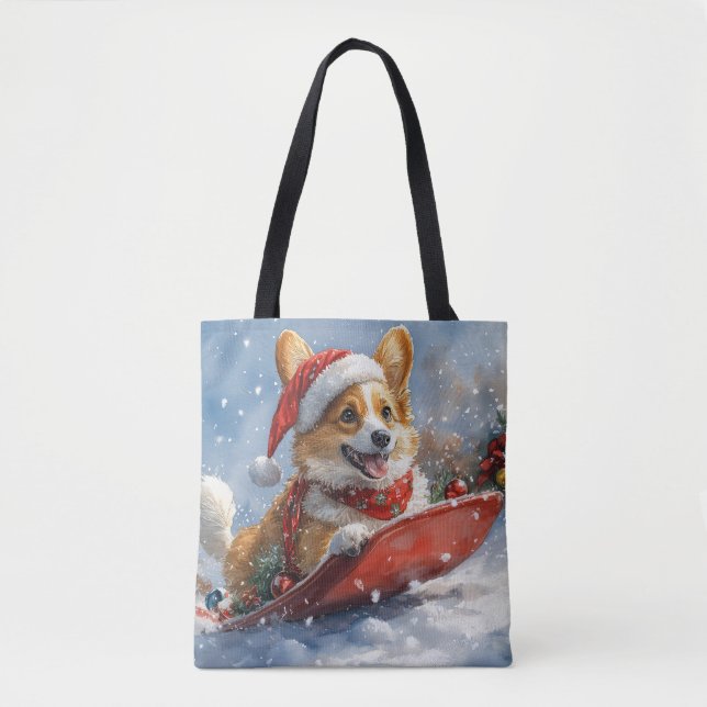 Corgi Dog in Sledge Let it Snow Christmas Tote Bag (Front)
