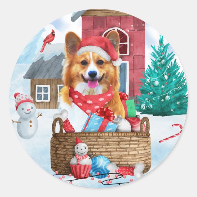 Corgi Dog In snow Christmas Dog House  Classic Round Sticker (Front)