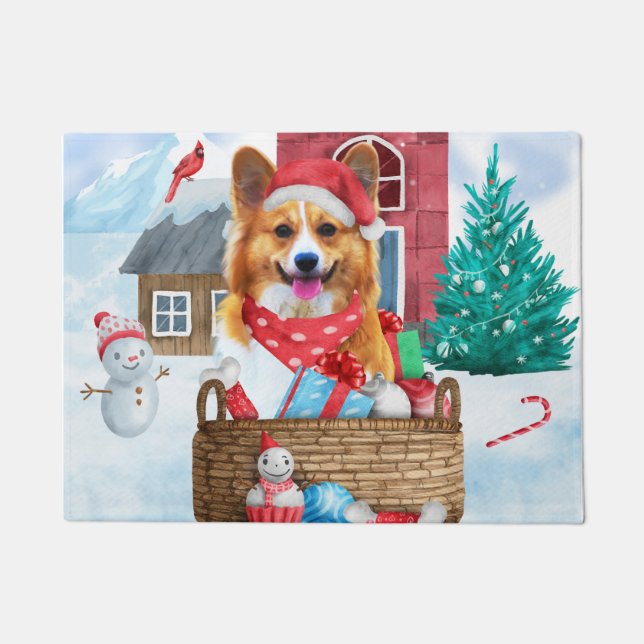 Corgi Dog In snow Christmas Dog House  Doormat (Front)
