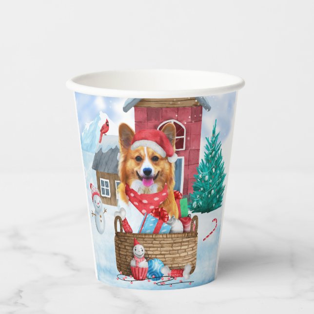 Corgi Dog In snow Christmas Dog House  Paper Cups (Front)