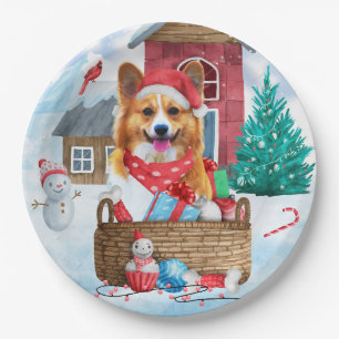 Corgi Dog In snow Christmas Dog House  Paper Plate