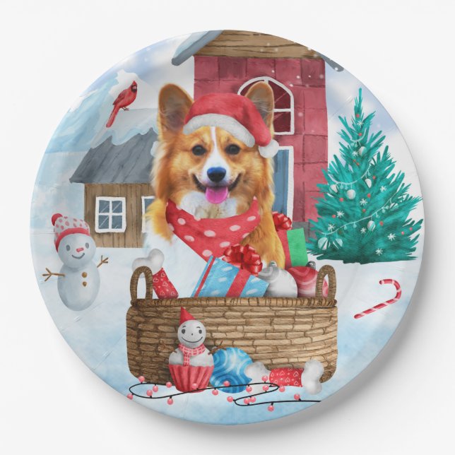 Corgi Dog In snow Christmas Dog House  Paper Plate (Front)