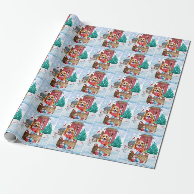 Corgi Dog In snow Christmas Dog House Wrapping Paper (Unrolled)