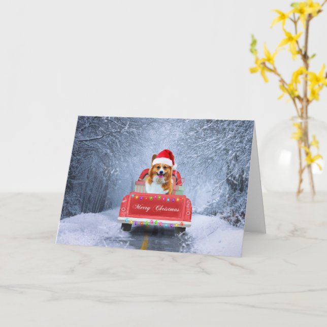 corgi Dog in Snow sitting in Christmas Truck Card (Yellow Flower)