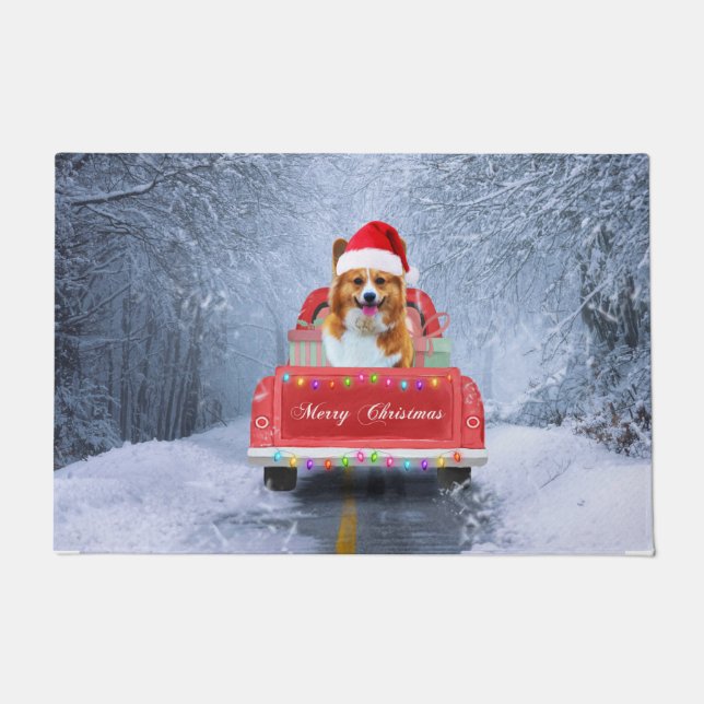 Corgi Dog in Snow sitting in Christmas Truck Doormat (Front)
