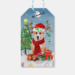 Corgi Dog in Snow with Christmas Gifts   Gift Tags