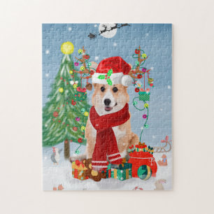 Corgi Dog in Snow with Christmas Gifts   Jigsaw Puzzle
