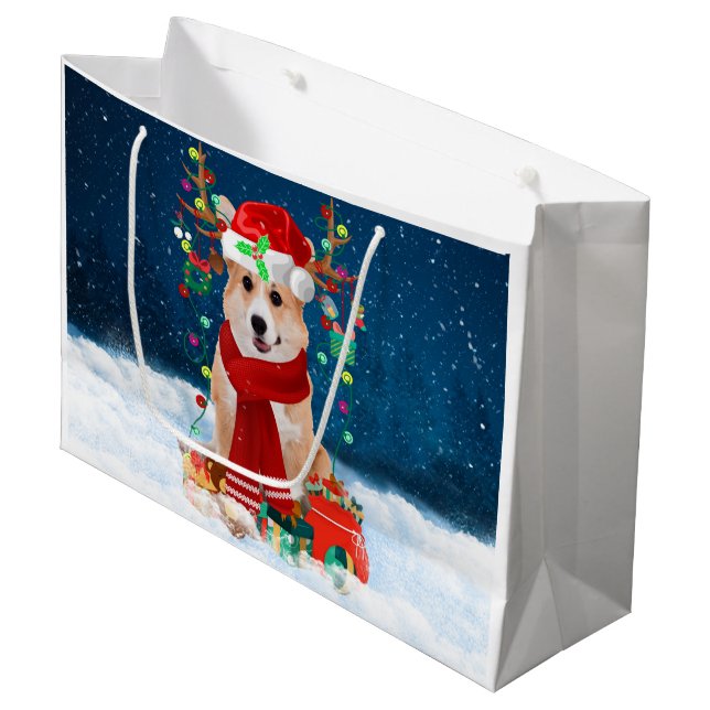 Corgi Dog in Snow with Christmas Gifts  Large Gift Bag (Front Angled)
