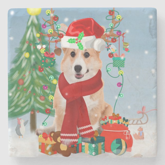 Corgi Dog in Snow with Christmas Gifts   Stone Coaster (Front)