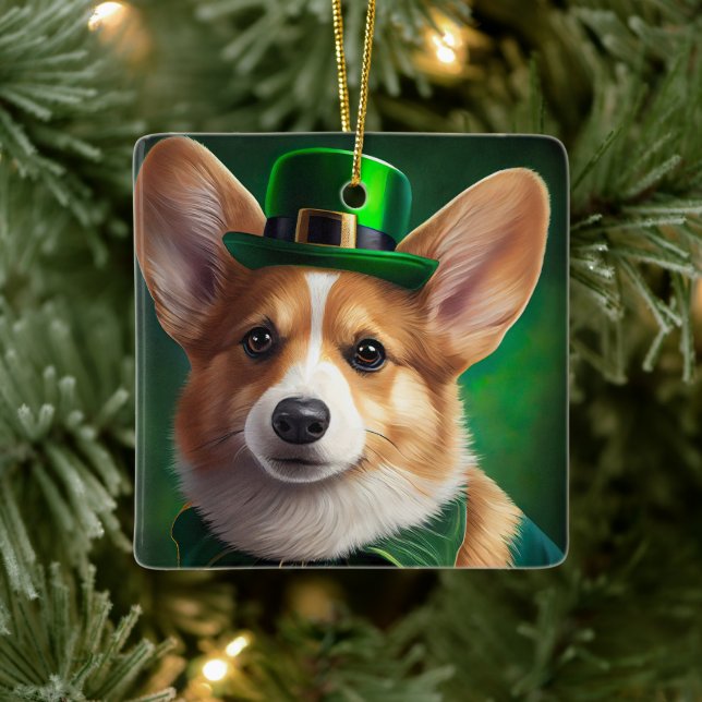 Corgi Dog in St. Patrick's Day Dress Ceramic Ornament (Tree)