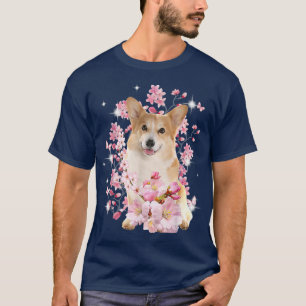 Corgi Dog Japanese Cherry Blossom Sakura Flower  T-Shirt