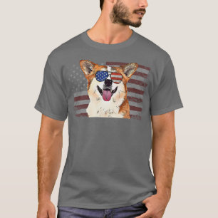 Corgi Dog July 4th Retro USA American Flag T-Shirt