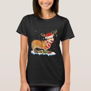 Corgi Dog Lighting Santa Reindeer Hat Corgi Chris T-Shirt