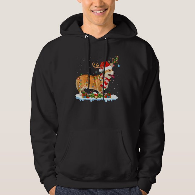 Corgi Dog Lighting Santa Reindeer Hat Corgi Christ Hoodie (Front)