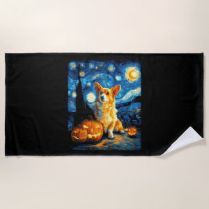 Corgi Dog Lovers Painting of van gogh starry night Beach Towel