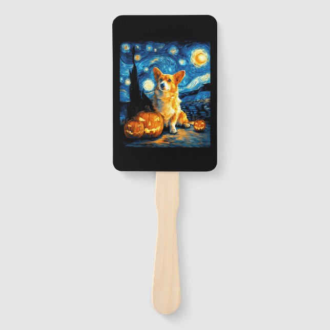 Corgi Dog Lovers Painting of van gogh starry night Hand Fan (Front)