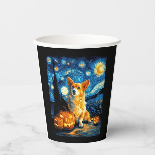 Corgi Dog Lovers Painting of van gogh starry night Paper Cups (Front)