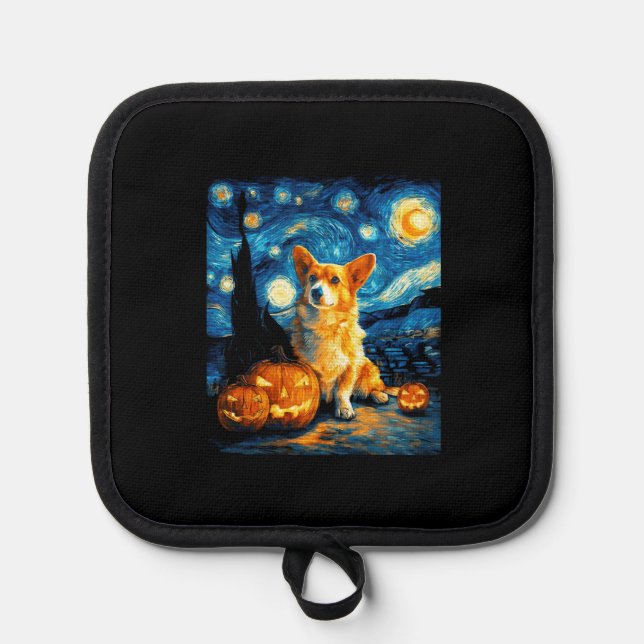 Corgi Dog Lovers Painting of van gogh starry night Pot Holder (Front)
