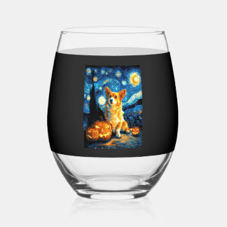Corgi Dog Lovers Painting of van gogh starry night Stemless Wine Glass