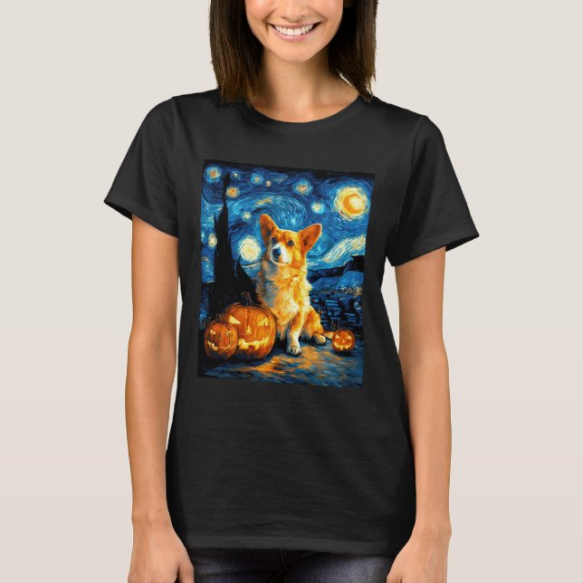 Corgi Dog Lovers Painting of van gogh starry night T-Shirt (Front)