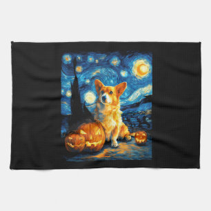 Corgi Dog Lovers Painting of van gogh starry night Tea Towel