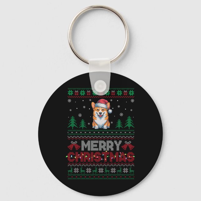 Corgi Dog Lovers Santa Hat Christmas Tree Lights  Key Ring (Front)