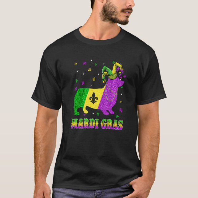 Corgi Dog Mardi Gras Carnival Jester Beads Premium T-Shirt (Front)