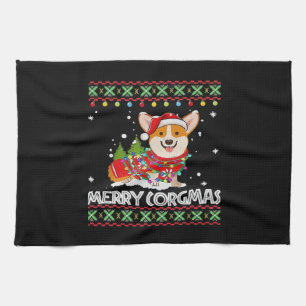 Corgi Dog Merry Corgmas Santa Corgi Ugly Christmas Tea Towel